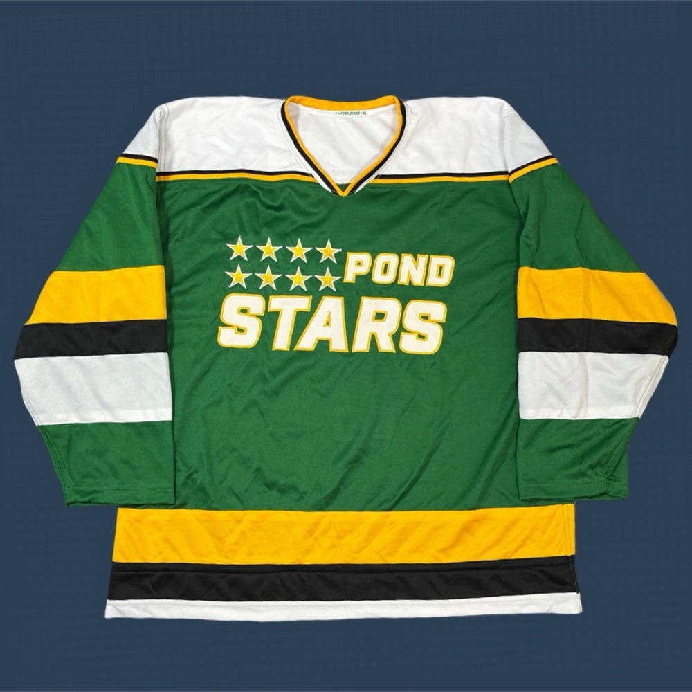Pond Stars Hockey Jersey Mens Large #7 Monkey Sports Green Yellow Graphic Shirt